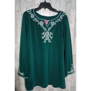 Woman Within Velvet Velour Tunic Embroidered Floral Green Size 1X